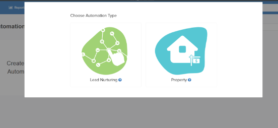 An image of the iRealty system with a module to Choose Automation Type open. Two options are displayed: Lead Nurturing and Property.